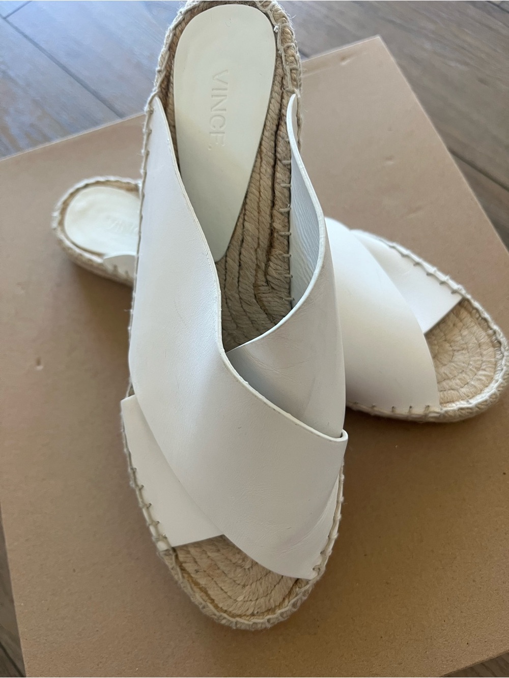 Vince White Leather Cross-Band Espadrille Mule
